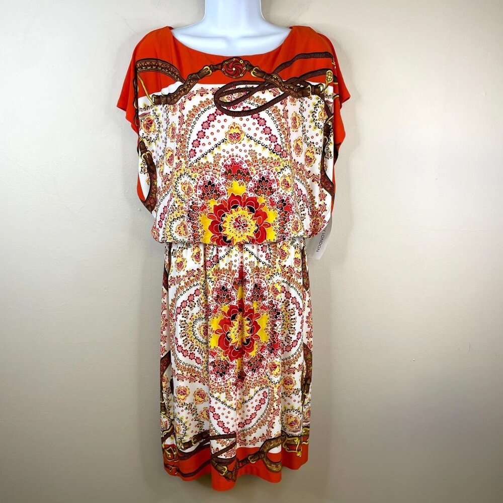 Vintage Womens Baroque Equestrian Chain Print Dress NWT Sz 8 Orange Flowy Knit